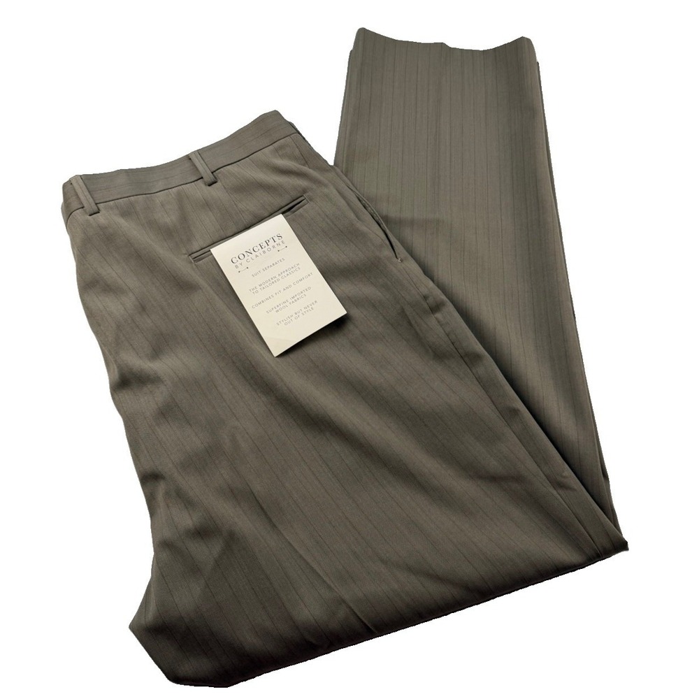 NWT Concepts by Claiborne Wool Dress Pants 44x32 Taupe Pinstripe Flat Front